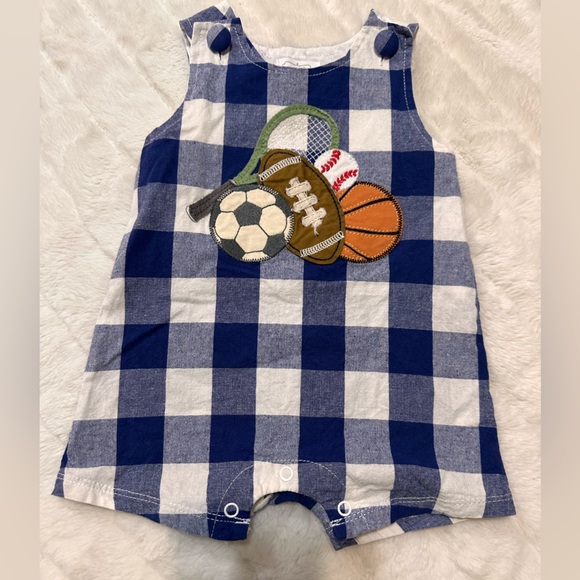 Mud Pie Other - EUC Mud pie navy gingham romper with sports appliqué 3/6months